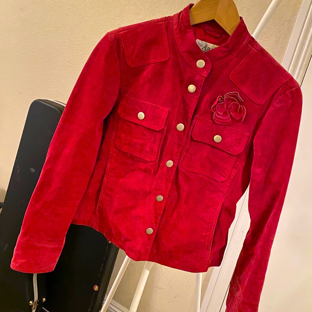 Stunning ARIA Red Vintage Jacket. 100% Leather with darling Red flower appliqué